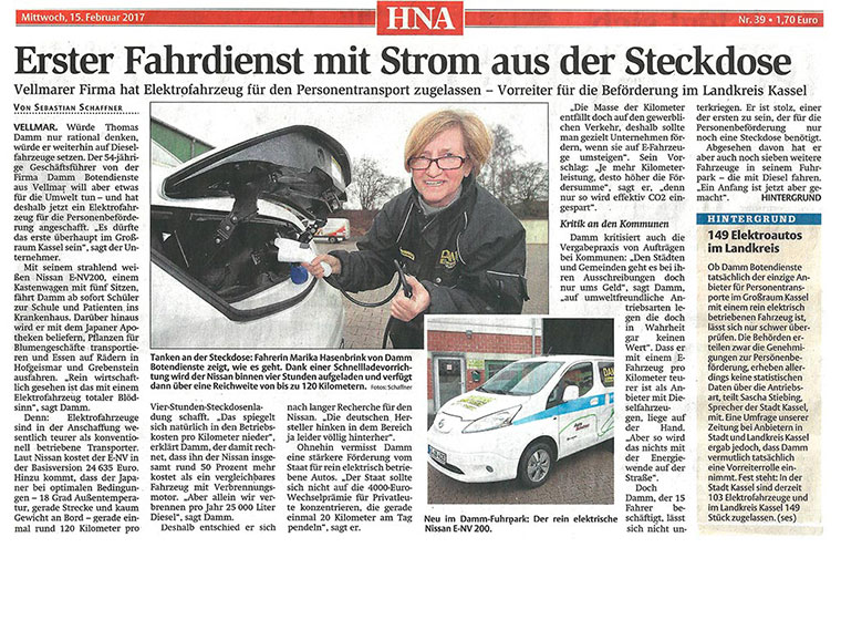 Erster Fahrtdienst mit Strom aus der Steckdose